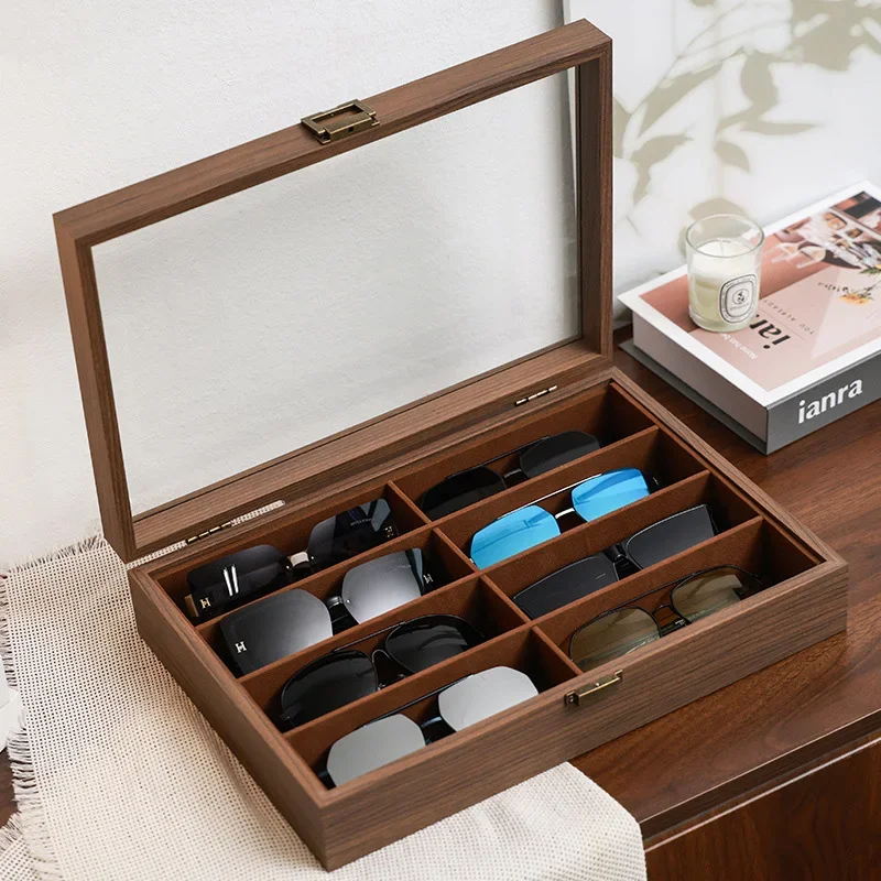 8/6 Grids Eyeglasses Display Case Desktop Wooden Sunglasses Organizer Box with Transparent Lid for Home Storage