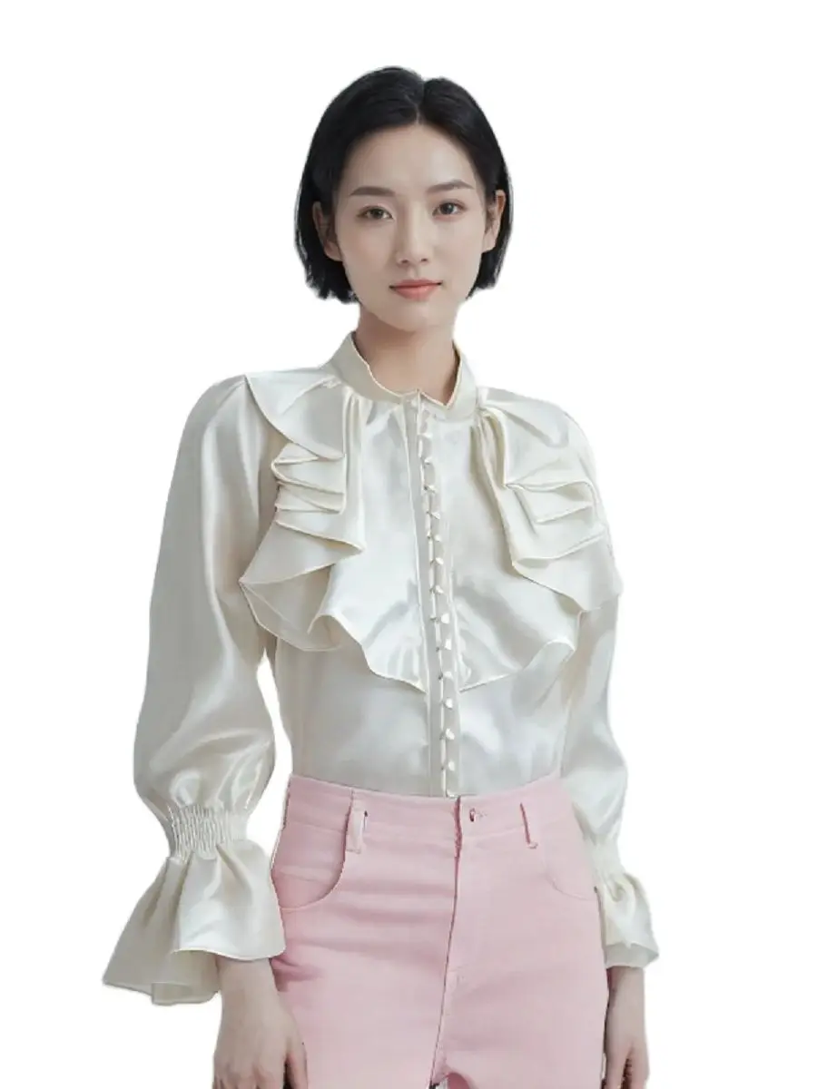 Women Blouse Satin Loose Long Flared Sleeve Ruffles Beading Shirt Korean Fashion Style Casual Street Wear Single-Breasted Cloth