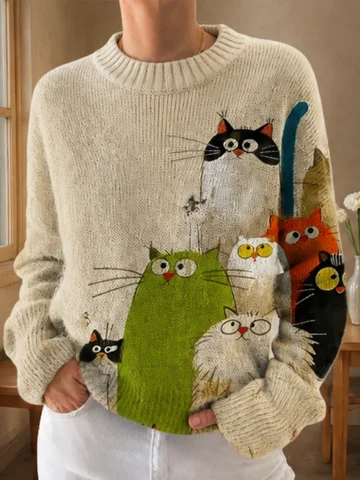 Women's Oatmeal Cute Cartoon Cat Pattern Knit Sweater, Round Neck, Long Sleeve, Loose Fit Casual Cat Lover Pullover