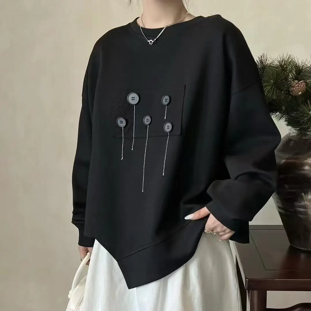 Dimanaf 2024 Pullover Autumn Buttons T-shirt Women Printing Asymmetrical Full Sleeve Loose White Black