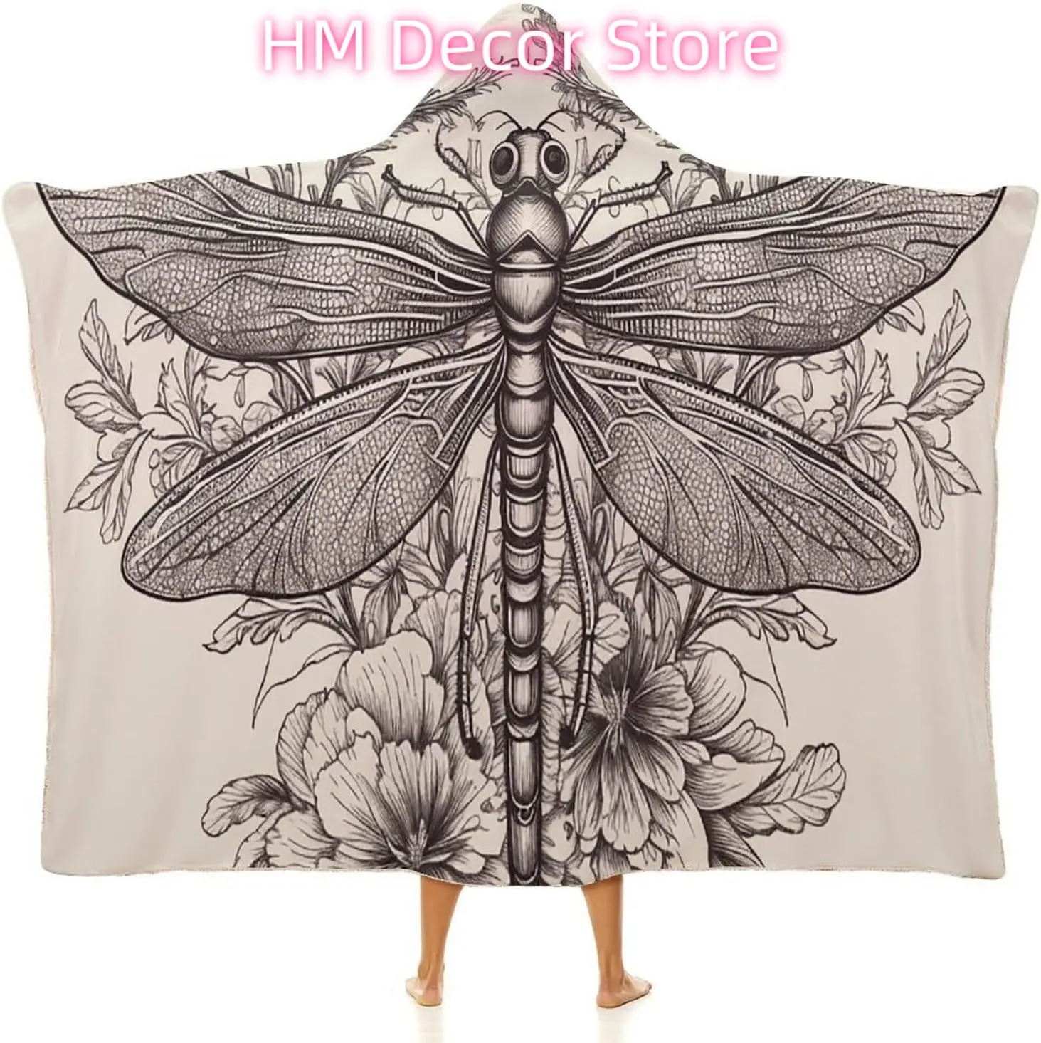 Hand Drawn Floral Dragonfly Wearable Hooded Blanket, Ultra Soft Arctic Velvet Cape Cloak Unisex - Cozy Wearable Blanket 60