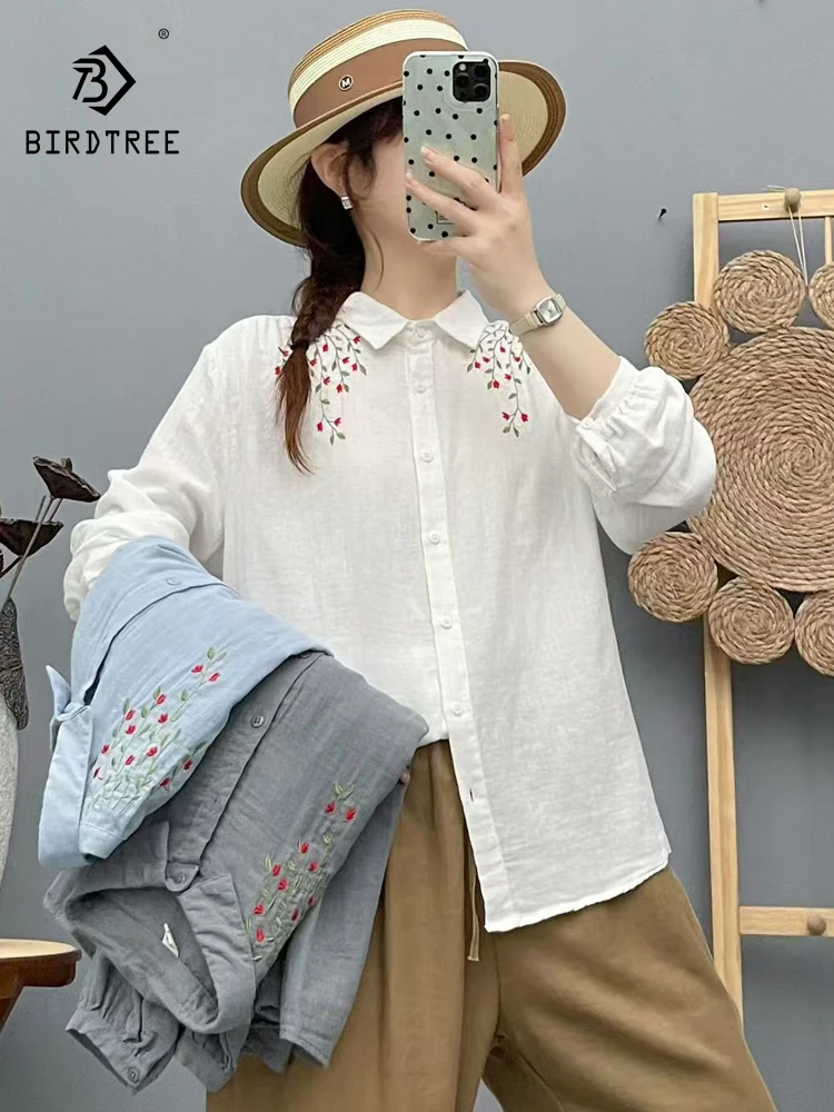 

Новинка 2025, осенняя рубашка с длинными рукавами из хлопковой пряжи, женская рубашка с отложным воротником и вышивкой, милая свободная блузка в стиле ретро Mori Girl T58019CC