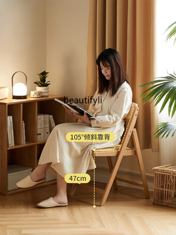 Solid Wood Folding Chair Vintage Rattan Backrest Chair Home Balcony Leisure Chair Dining Chair