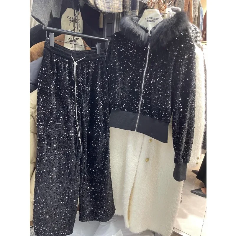 Casual Woman Fleece Shinny Pants Suit 2024 New Fashion Sequined Hooded Fur Collar Sweatshirt and Wide-leg Trousers Two-piece Set