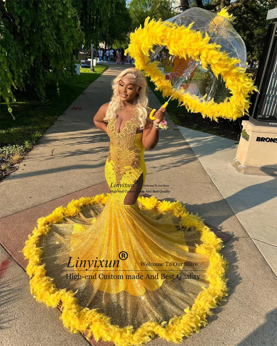 Sexy Feathers Long Prom Dresses For Black Girls Sparkly Sequins Rhinestones Mermaid Evening Gown Vestido De Gala Customized