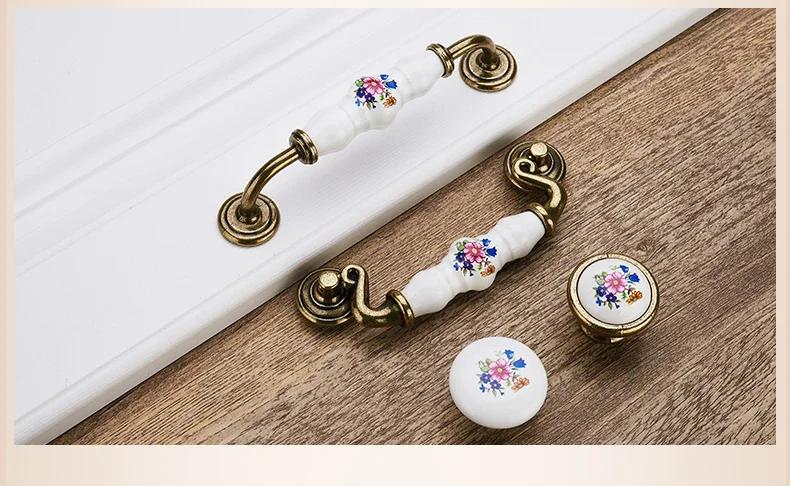 Antique Bronze Ceramic Cabinet Handles Zinc Alloy Drawer Knobs Wardrobe Door Handles Morning Glory European Furniture Handle