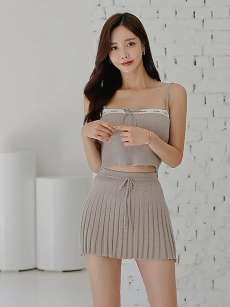 2024 Spring Y2k Knitting Cardigan 3 Pieces Set Women Camisole+ Pleated Skirts Sets Streetwear Hotsweet New In Matching Sets