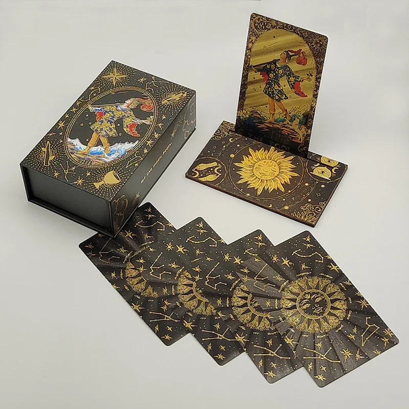 Cartas de tarô de folha de ouro divinativas com acabamento luxuoso fantástico conjunto de jogos de tabuleiro para preditivos com suporte de cartão