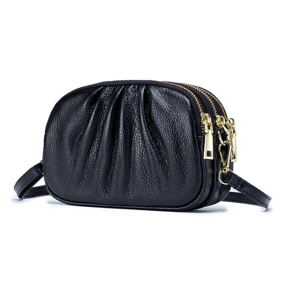 Luxury Genuine Leather Women's Bag Solid Colour Shoulder Bag Large Capacity 3 Zipper Crossbody Bags Cowhide Portable Phone Bag