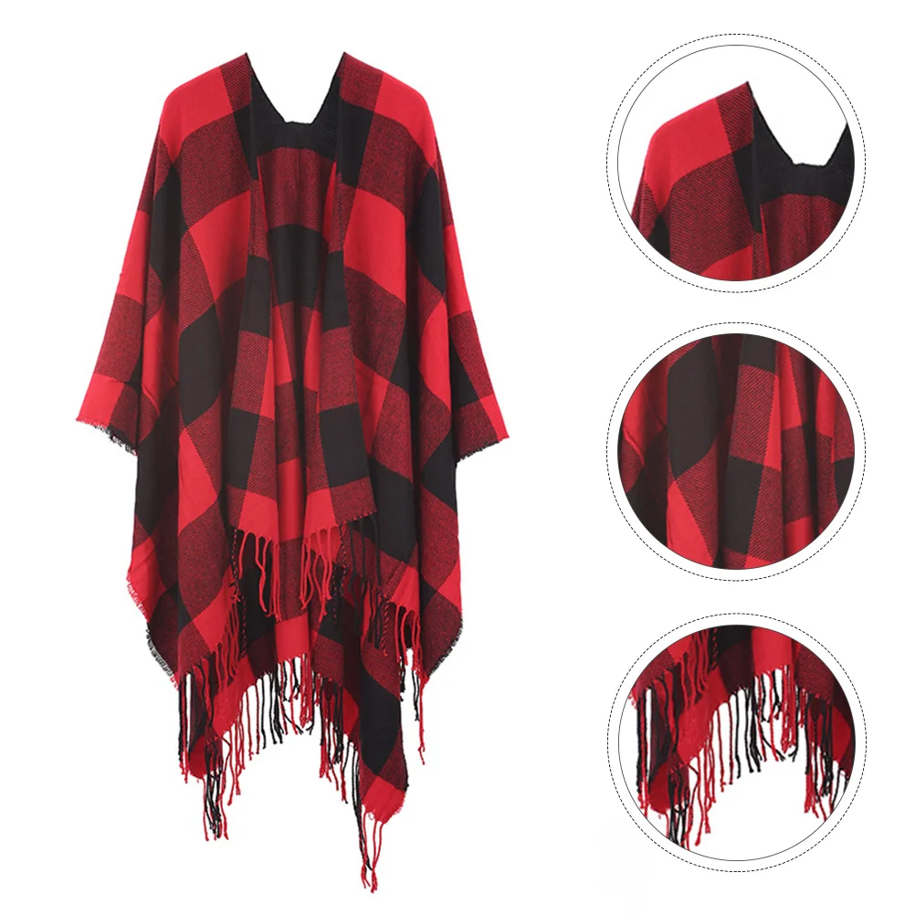 

Shawl Wrap Plaid Pattern Open Front Women Poncho Cape Large Winter Shawl Sleeve-Less Knit Blanket Scarf Wrap