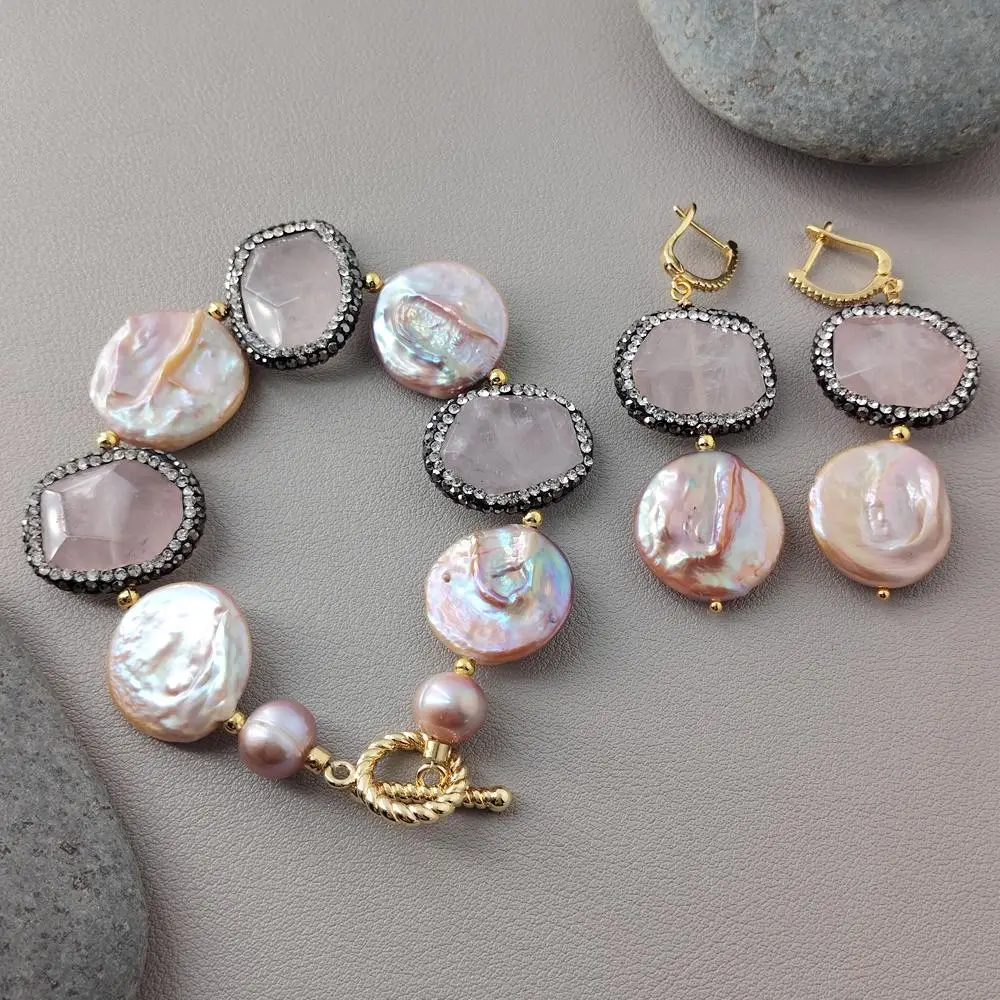 

kkGEM Natural 21x25mm Rose Quartz Chunk 21m Freshwater Purple Coin Pearl Beaded Bracelet Drop Earrings Set