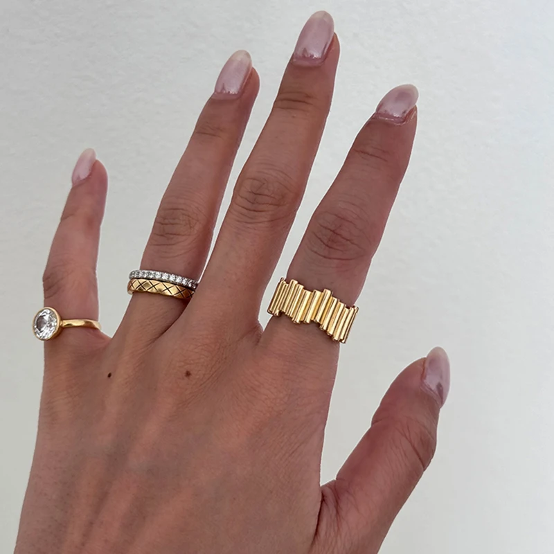 Line pave band rings stainless steel rings for women minimalist simple stainless steel jewelry non tarnish jewelry 2024