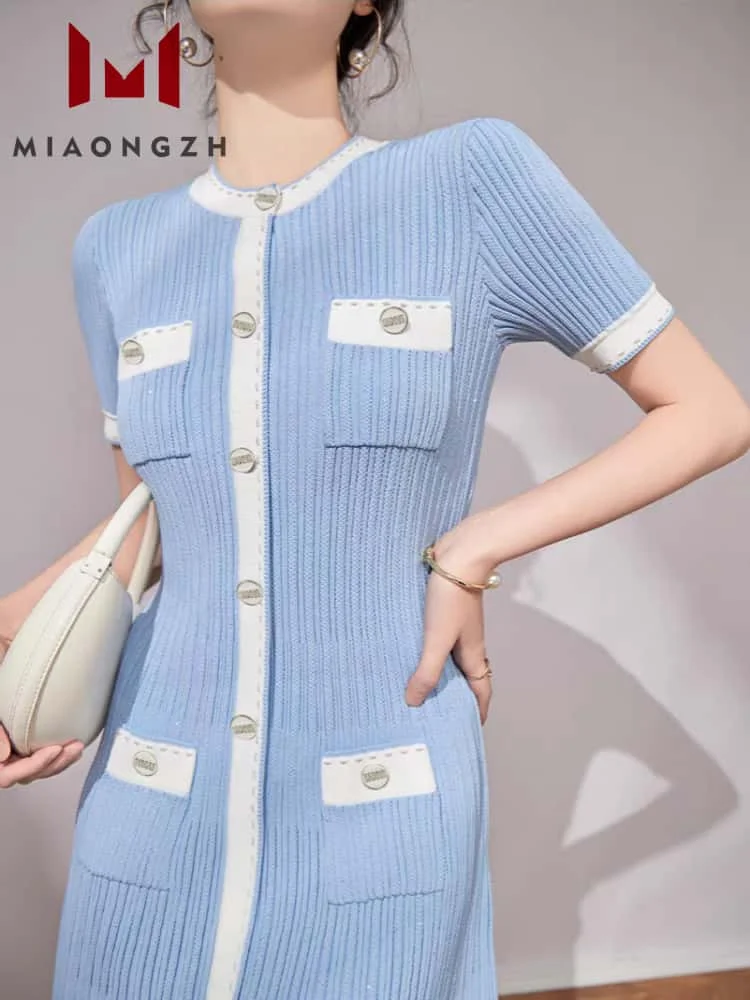 

High Quality Slimming Fashion Knitted Dress For Women O Neck Short Sleeve Single Breasted Female Mini Party Dresses New Clothing