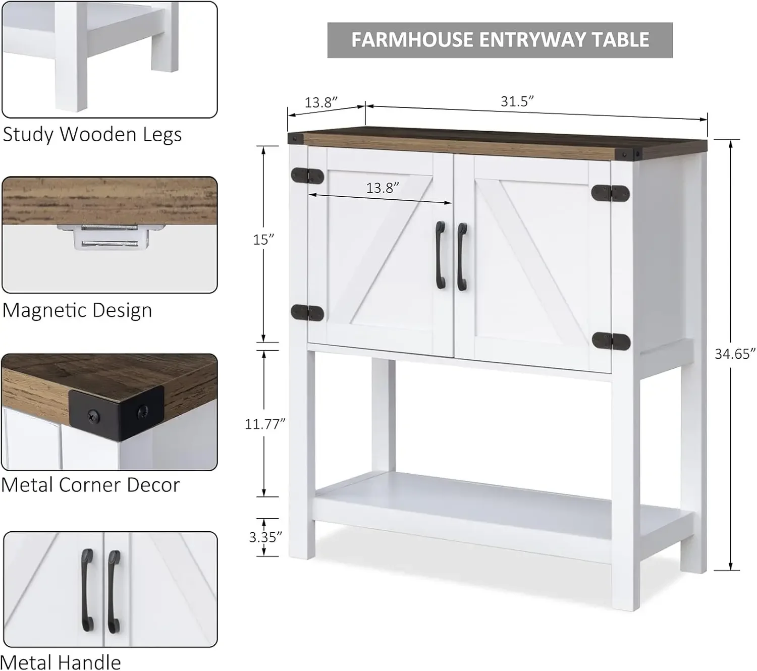 Table Coffee Bar Cabinet Sofa Table,31.5 L x 13.8 D x 34.65 H,Entryway Table with 2 Storage Cabinets, Farmhouse Buffet Sideboard