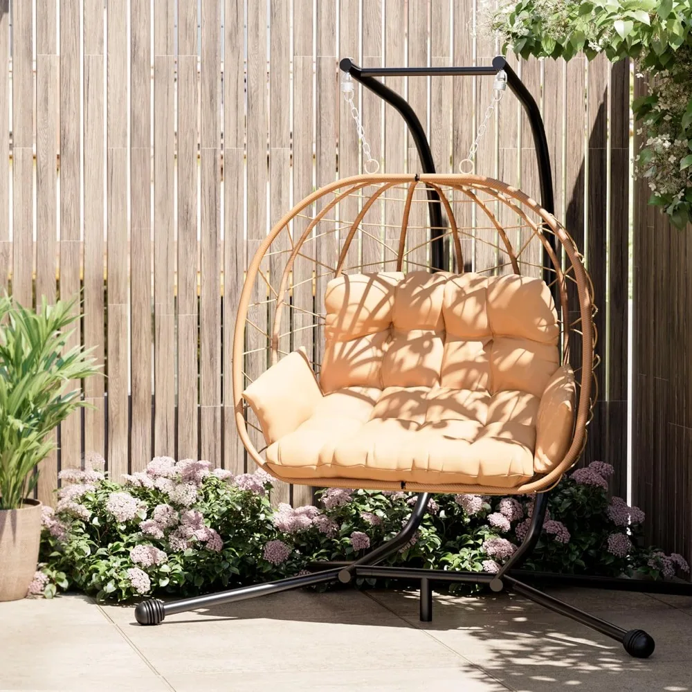 

700 LBS Double Egg Chair Outdoor, UV Resistant Cushions Hanging Egg Chair with Armrests & Headrest, Thick Steel Frame Eg