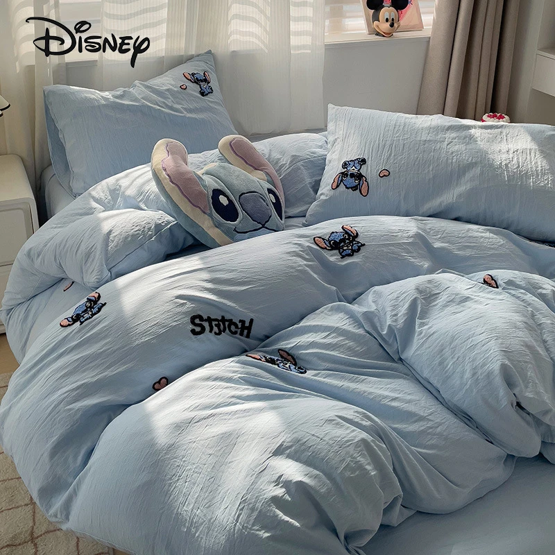 Disney Stitch The Pooh Washed Cotton Winnie Bear Sheet Four Piece Towel Mickey Embroidered Quilt Cover Bed Sheet Three Piece Set