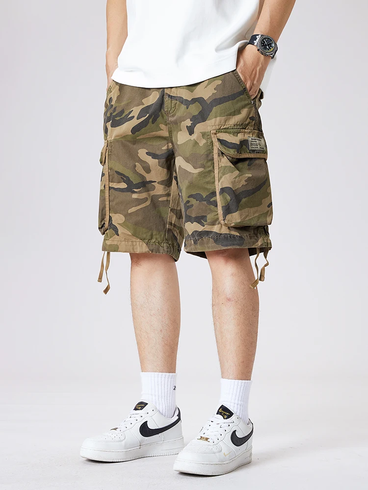 

High-Waist Pure Cotton American Retro Camouflage Workwear orts Men's Casual Loose-Fit Five-Quarter Pants Summer Breathable