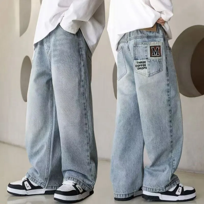 UNITIM 2026 Autumn Junior Boys Jeans 4-14Yrs Children Boys Spliced Letter Pockets Denim Pants Loose Teens Boys Straight Pants