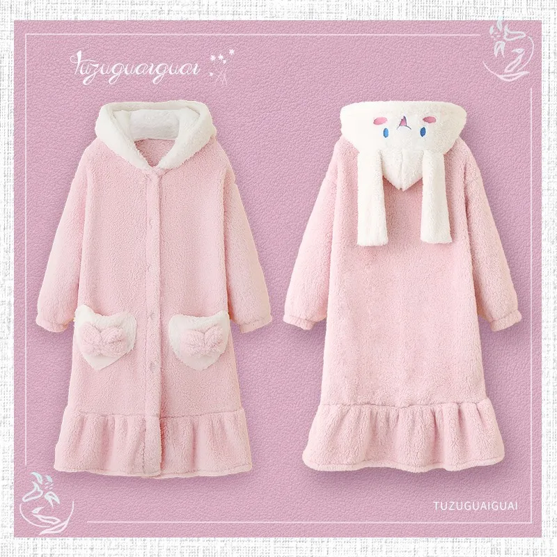 Winter Kawaii Cinnamoroll Children's Girl Princess Pajamas Bathrobe Cute Toddler Girl Warm Home Clothes Hooded Nightgown