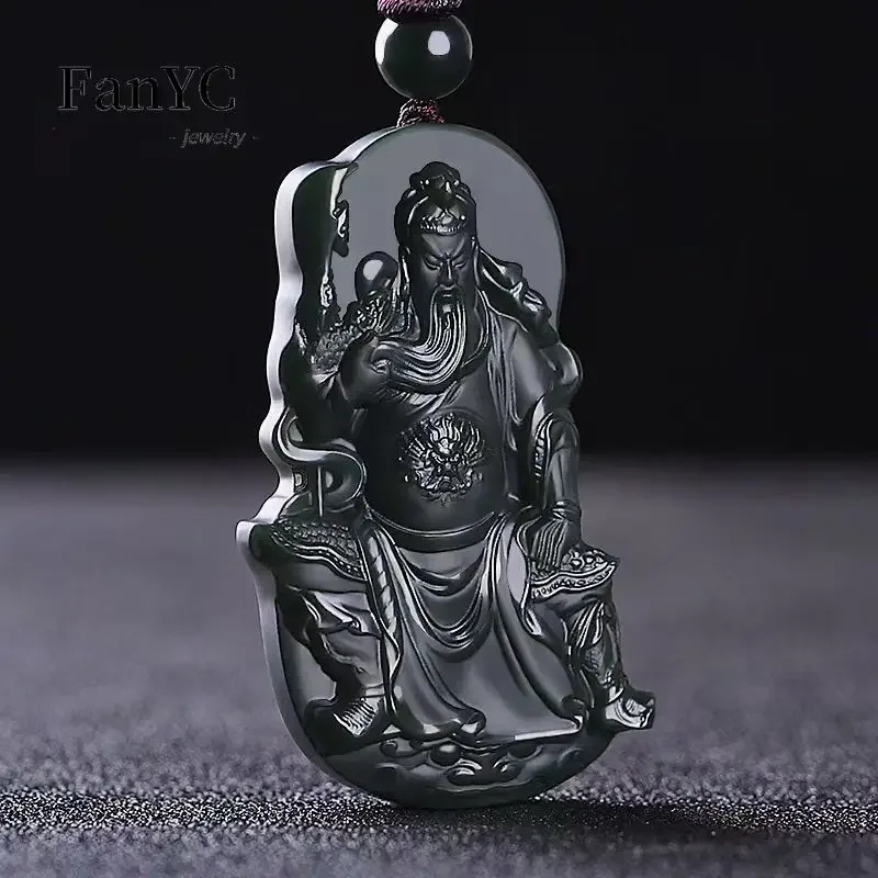 Natural Hetian Jade Domineering Tower Green Fine Material Guan Gong Brand Pendant Men Guan Yu Wu God of Wealth Necklace Gift