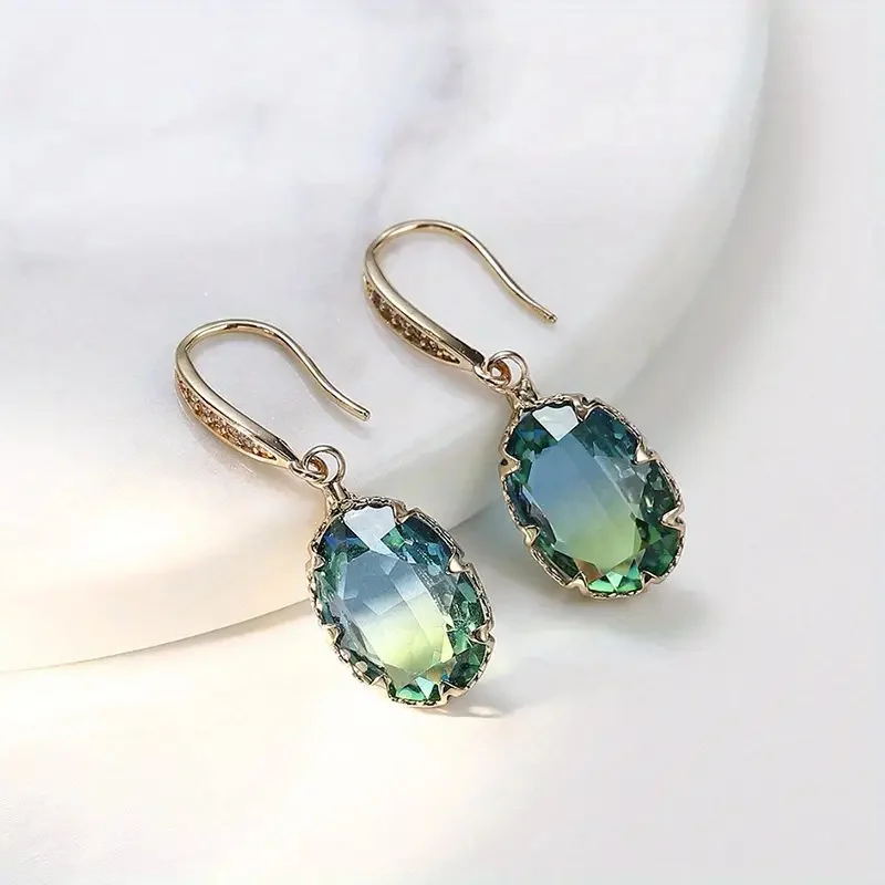 Exquisite Oval Inlaid with Blue Green Zircon Earrings Elegant Fashion Gold Color Engagement Wedding Dangle Earrings for Women