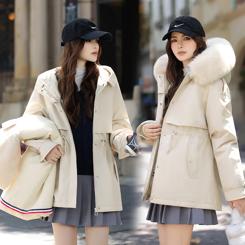 Vielleicht 2025 Women Winter Jacket Coat Casual Parkas Fur Collar Removable Wool Liner Hooded Outwear Cotton Warm Coats Female