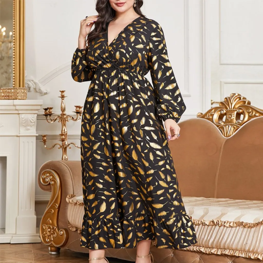 

Women's plus Size Elastic Waist Dress Feather Print Bronze Color Middle East Europe And United States