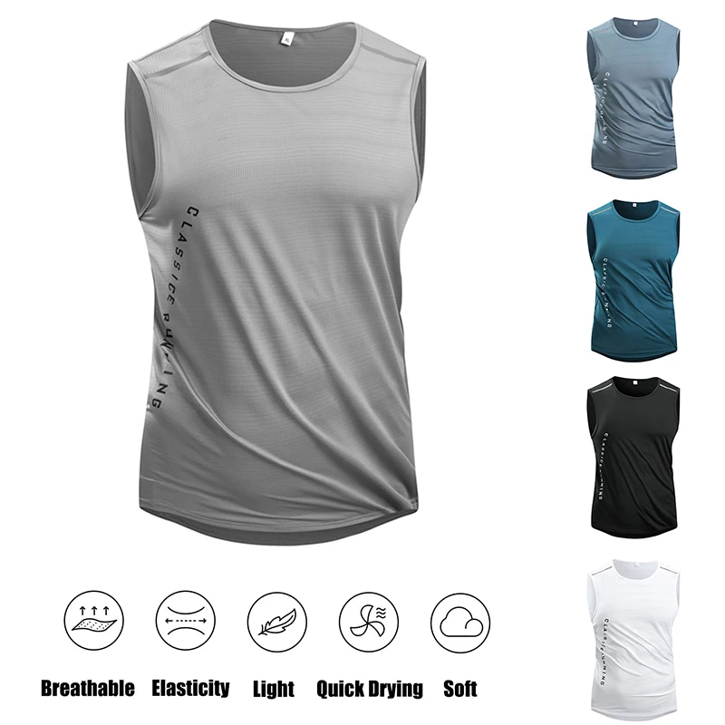 Summer Men's Ice Silk Vest Running Elastic Breathable Quick-Drying Sports Vest Mens Solid Color Printed Reflective Strip Vest