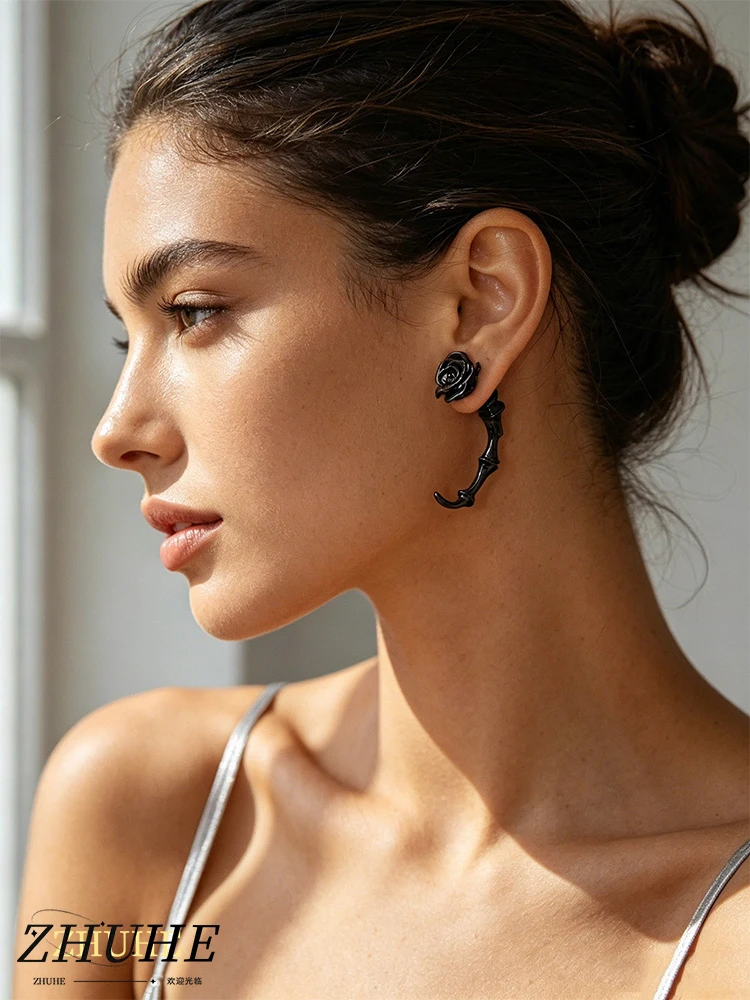 Dark Aesthetic Copper Alloy Jewelry Accessories Bone Finger Rose Ear Studs, Trendy Punk Piercing Ornaments For Female Male, Fash