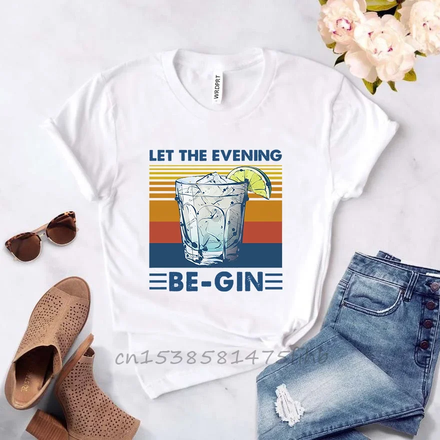 Soft Premium Cocktail T Shirt Let The Evening Be Gin Funny Cocktail Wine Vintage Style Shirt Hip Hop Popular Top Tees