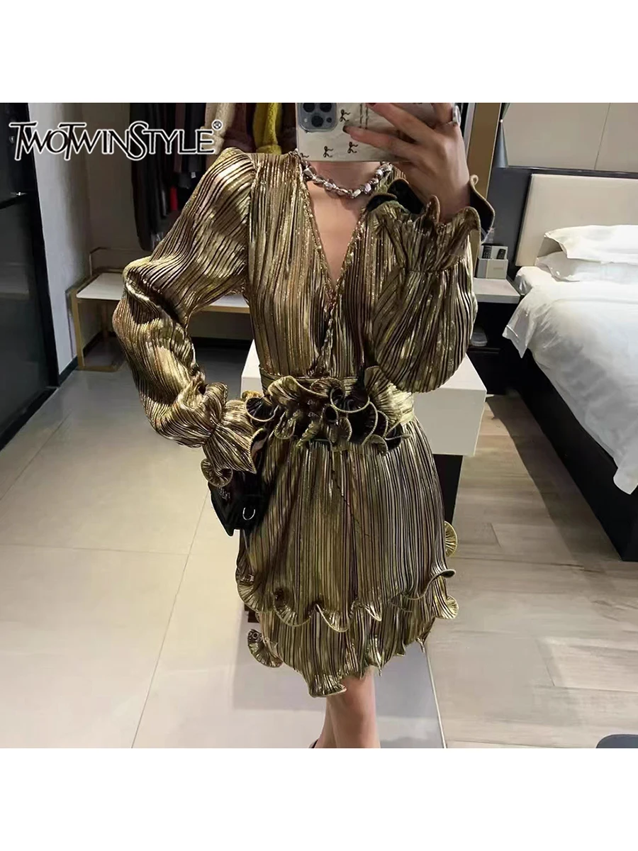 TWOTWINSTYLE Solid Spliced Ruffles Designer Mini Dresses For Women V Neck Long Sleeve High Waist Temperament Dress Female New