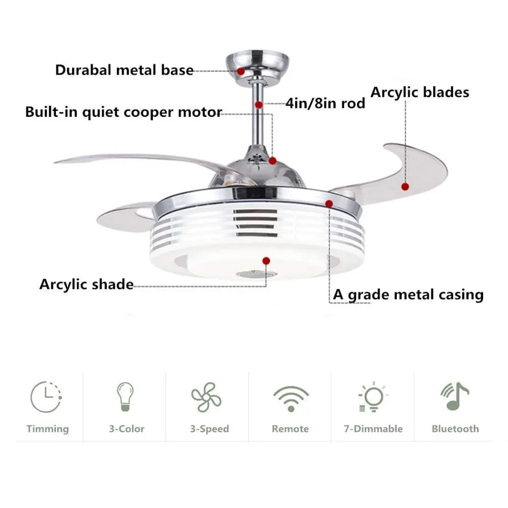 Потолочный вентилятор 42 дюйма с подсветкой, люстра с дистанционным управлением и динамиком Bluetooth, выдвижные лезвия, регулируемая яркость, 7 цветов