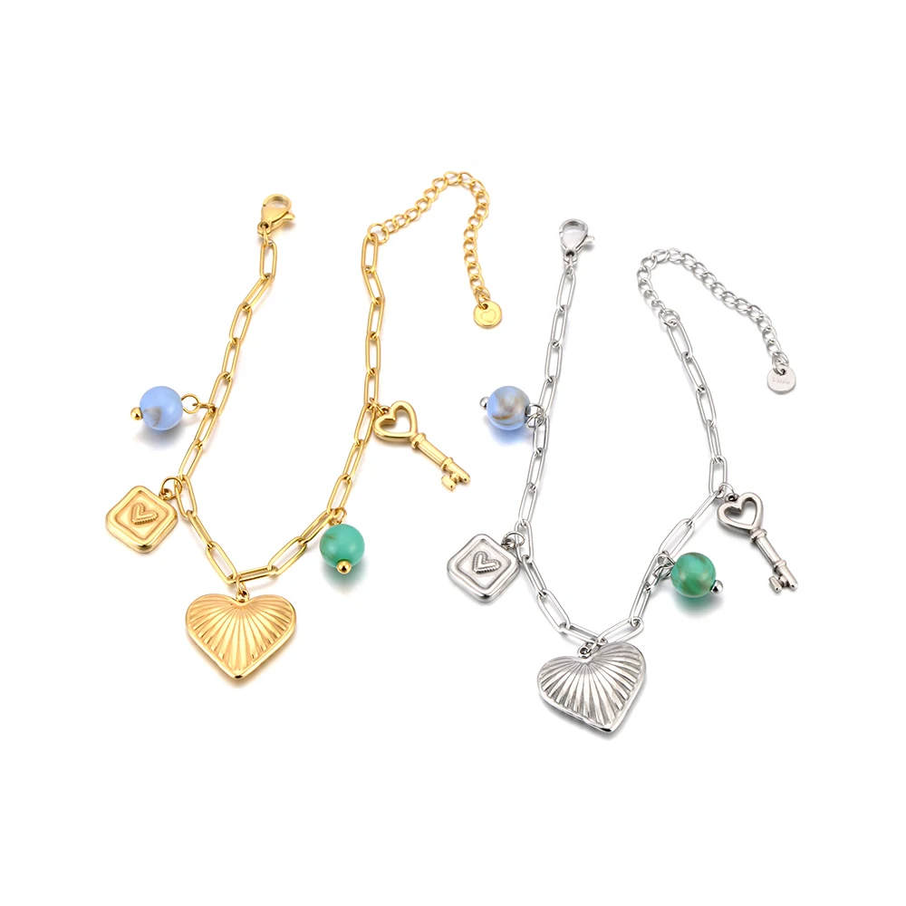 JeeMango 316L Edelstahl Liebe Herz Schlüssel Türkis Charm Armband Für Frauen Klassische Handgelenk Kette Schmuck Party Geschenk B25148