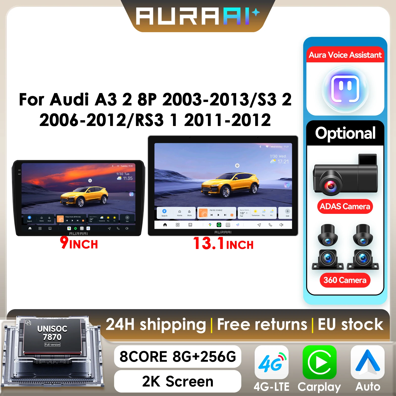 8G+256G AURAAI Écran 2K pour Audi A3 2 8P S3 2 RS3 1 2006-2013 Autoradio CarPlay Android Auto 4G WIFI GPS BT DSD ADAS Double Micro