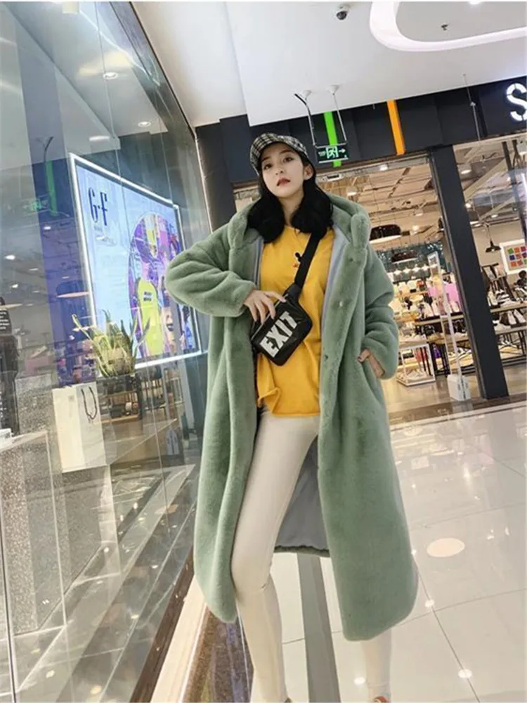 Winter Women Faux Rabbit Fur Coat Luxury Long Fur Coat Hooded OverCoat Warm Plus Size Female Plush Woman Coats Fluffy Jacket