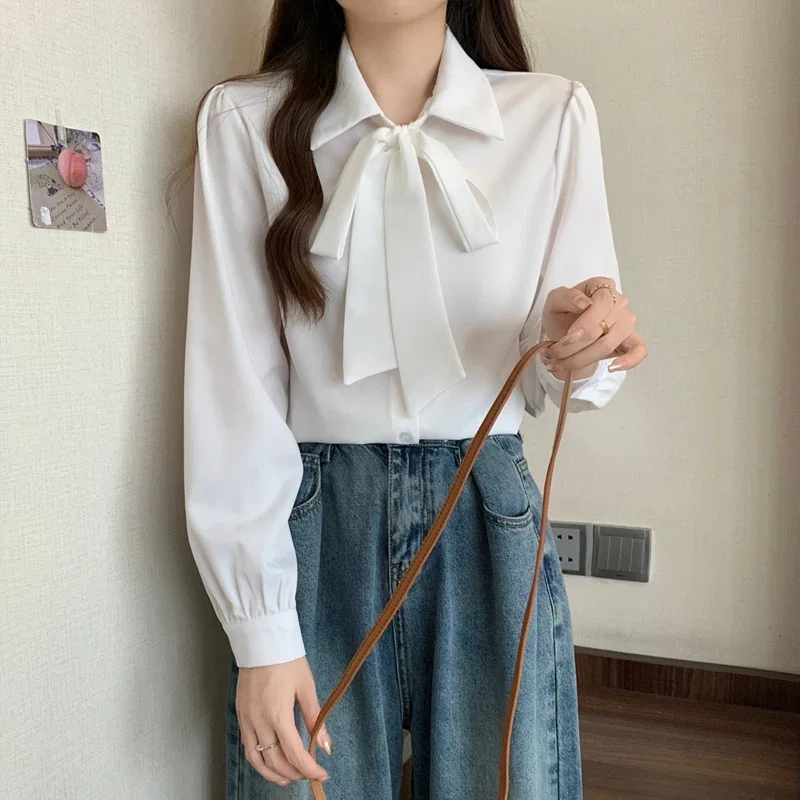 

Spring Autumn Solid Color Fashion Long Sleeve Shirt Women POLO Collar Lacing Bow Patchwork Button Cardigan All-match Top Z165