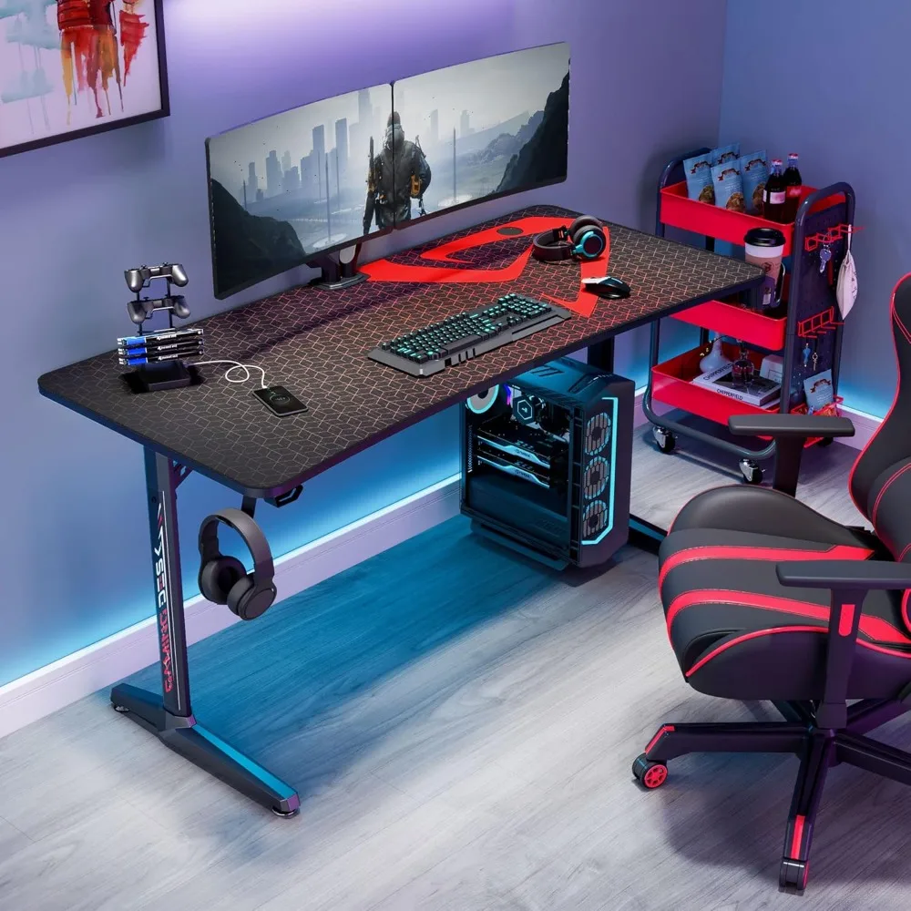 Gaming Desk, 60 Inch Computer Desk Carbon Fiber Surface Gamer Desk with Free Mouse pad, T-Shaped Professional Gaming Table USB