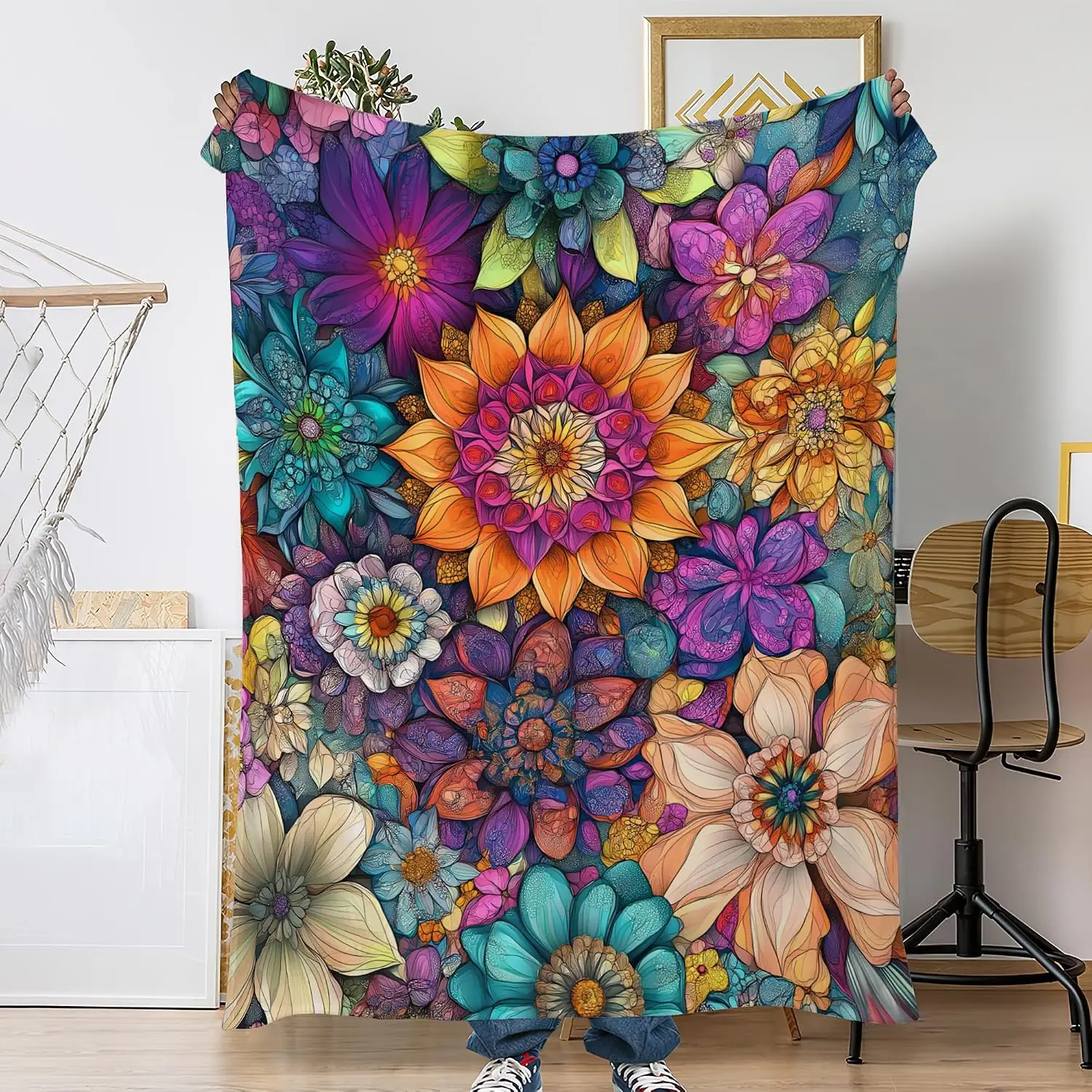 Bright Rainbow Mandala Blooms Stained Glass Floral Art Print Flannel Blanket Cozy Throw for Couch Travel Indoor Home Decor