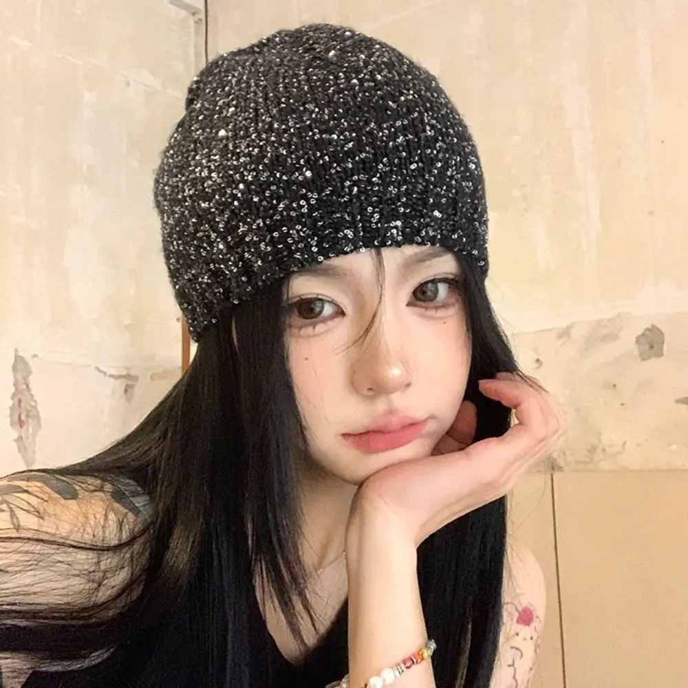 

Casual Vintage Sequin Knitted Hat Hollow Jennie Style Beanie Hat Thin Bowknot Woven Cap Winter