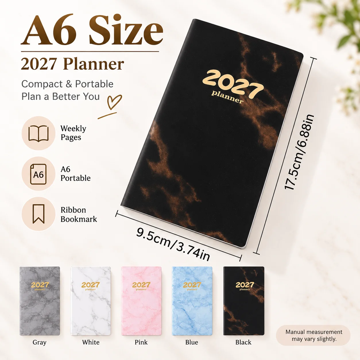 1pc 2027 A6 Weekly Planner, Marble Pu Soft Cover Notebook, Portable Schedule Journal With Ribbon Bookmark For Office & Study