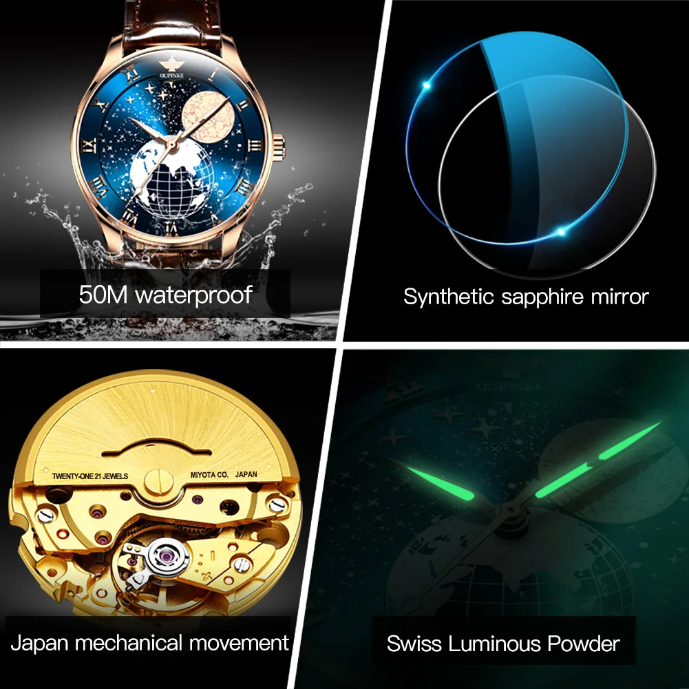 OUPINKE 3177 แบรนด์หรูผู้ชายอัตโนมัตินาฬิกา Moon Phase Starry Sky Dial HD Night Light นาฬิกากันน้ําผู้ชาย