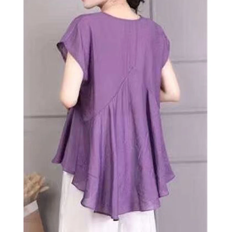 Women Clothing Ruffled Vintage Japanese Simple Casual Oversize Blouses Solid Short Sleeve Asymmetrical Shirts Female Street Tops