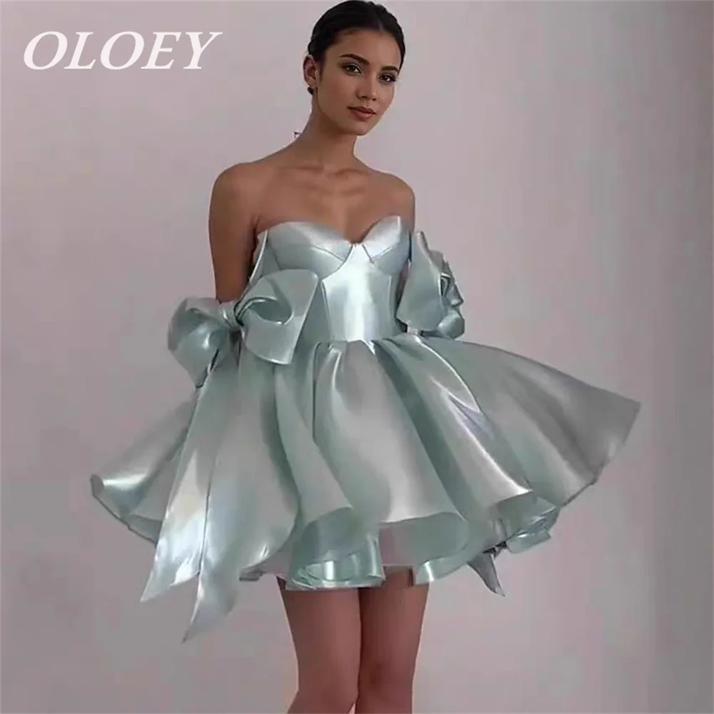OLOEY Sexy Sweetheart Mini Prom Cocktail Dresses Ribbon Bow Sleeves Pleated Satin Evening Dress Customized Wedding Party Dress