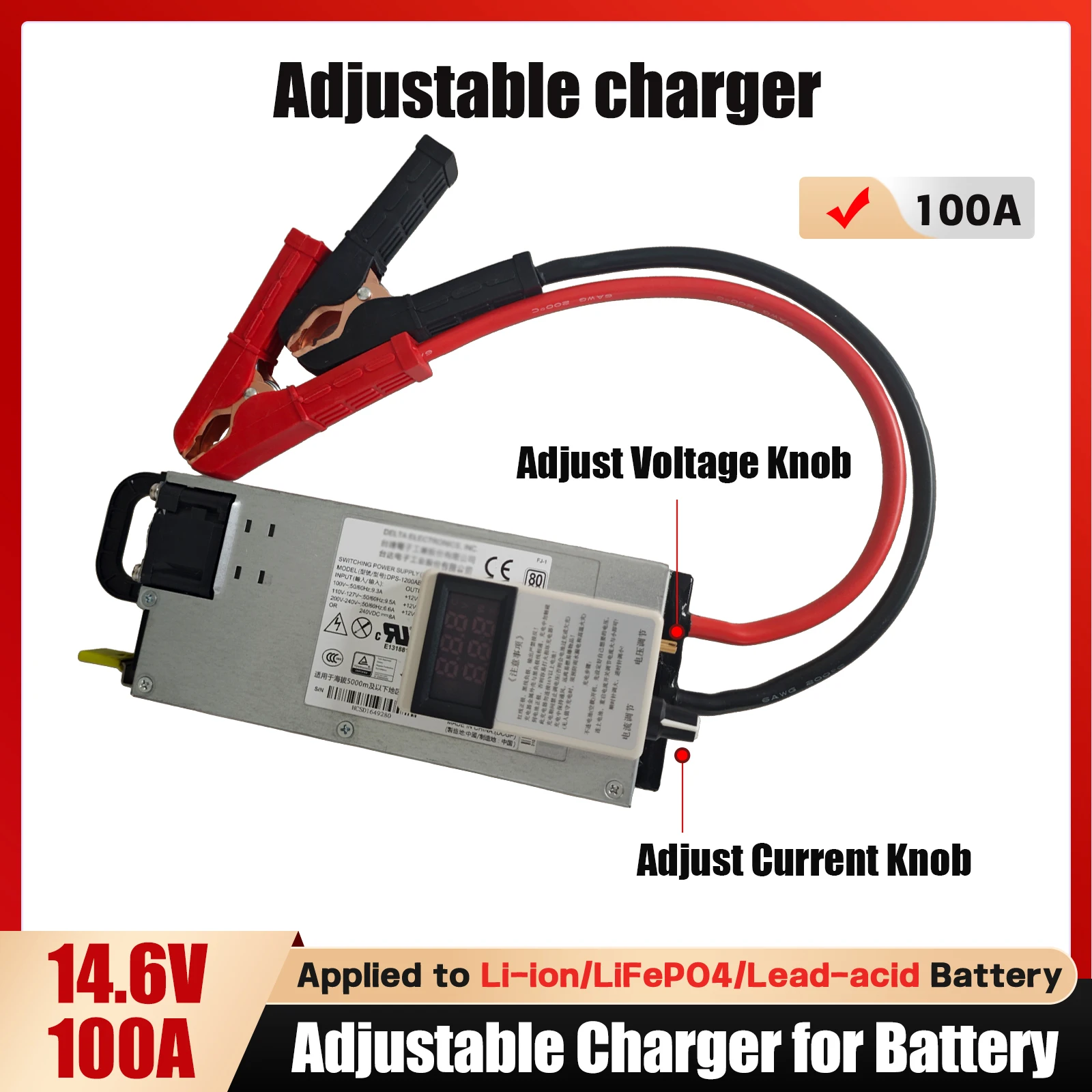 Zasilacz samochodowy regulowany do programowania, 14,6V 60A 100A, ładowarka do akumulatorów litowo-żelazowo-fosforanowych, litowo-ternarnych, kwasowo-ołowiowych.