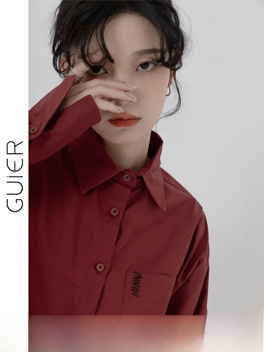 

Guer Long Velvet Cotton irt Women's Design Sensation Red Collar Button up Sve Casual Straight Fit Spring Faion