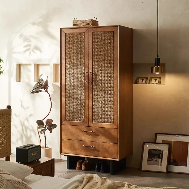 Medieval style solid wood rattan wardrobe storage locker wabi-sandy style retro cabinet homestay bedroom double door coat cabine