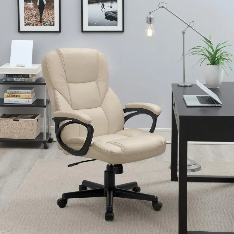 Executive Chair High Back Adjustable Managerial Home Desk Chair, Swivel Computer PU Chair with Lumbar Support (Beige)