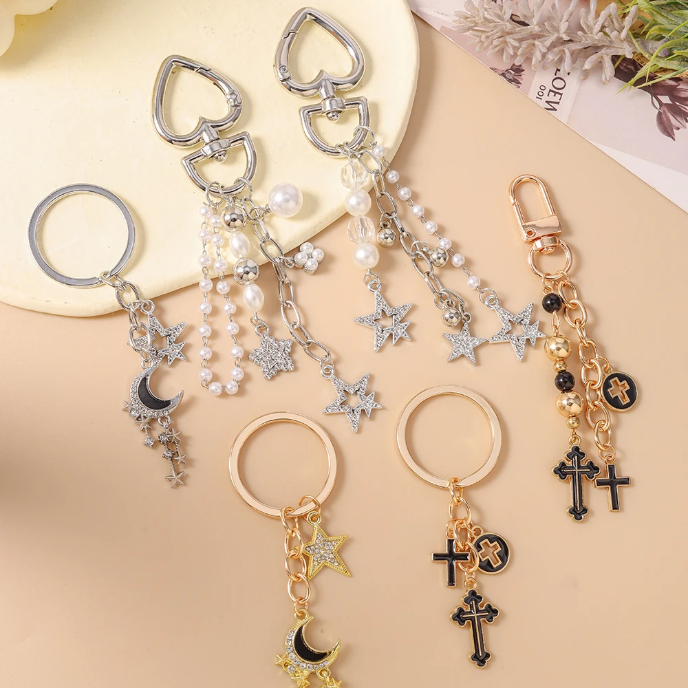 Pretty Crystal Star Moon Keychain Cross Key Ring Pendant for Women Girls Handbag Decor DIY Handmade Jewelry Gifts