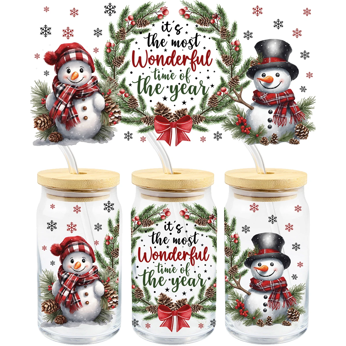 Merry Christmas Snowman UV DTF Transfer Sticker 16oz Libbey Glass Cups Wraps Coffee Mug Decals Party Xmas Winter Home Decoration