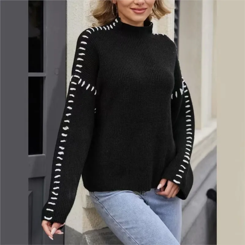 New Autumn Women Elegant O-neck Black White Color Contrast Knitted Sweater Long Sleeve Pollover Winter Patchwork Ladies Outwear